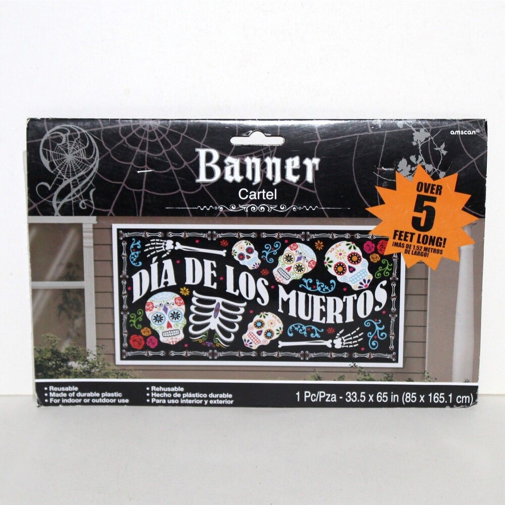 Halloween Banner Dia De Los Muertos 33” x 65” plastic indoor outdoor 5 ft skull